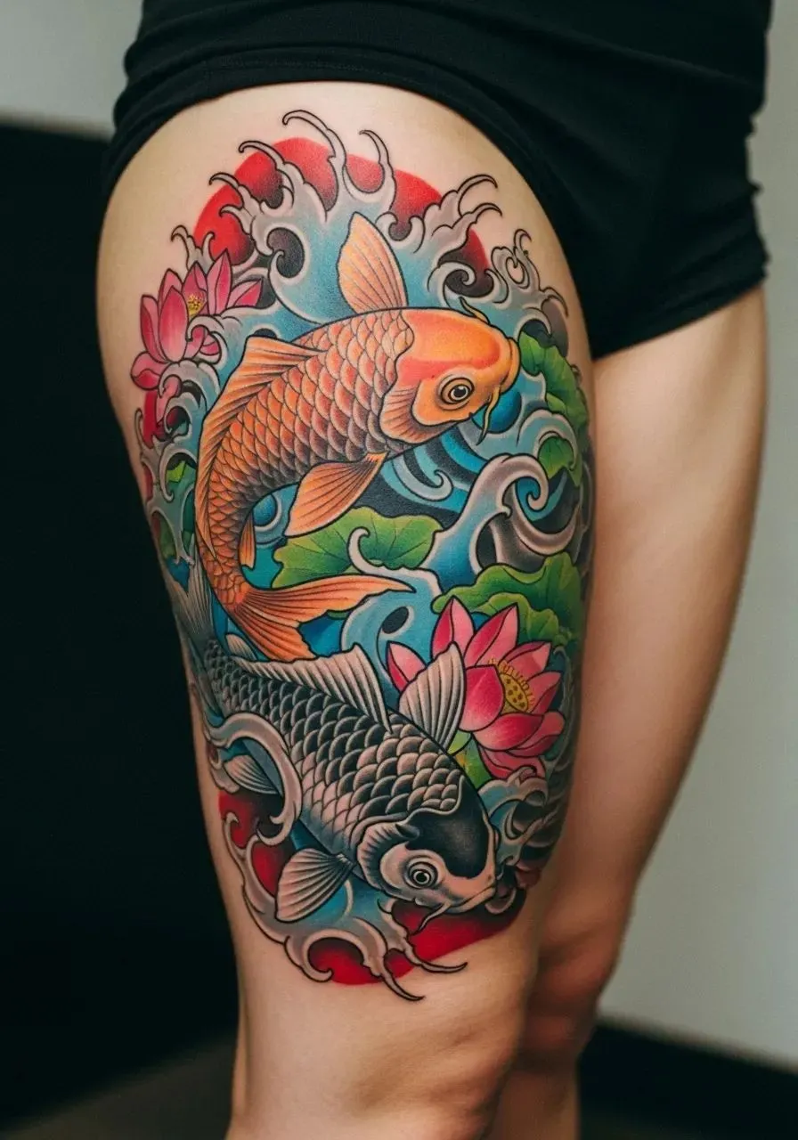 Collection of beautiful carp tattoos on the thighs leading the 2025 trend
